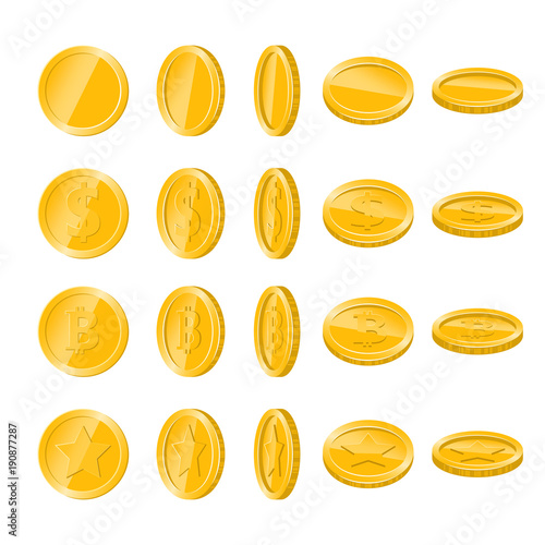 4 sets of coins in different positions (empty, dollar, bitcoin, star) on a white background.
