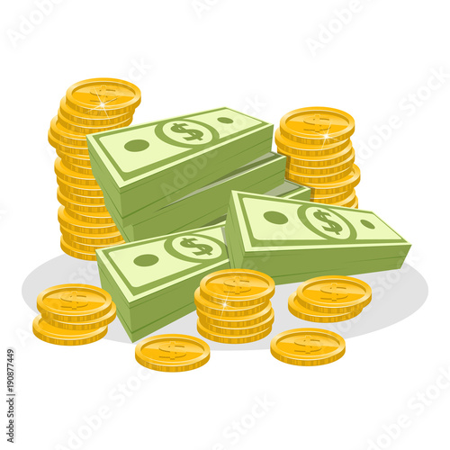 Big pile of dollars and gold coins on a white background.