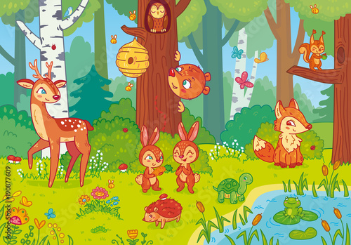 Vector illustration with cute forest animals in cartoon style for children. Landscape and a set of mammals. Collection for educational games.