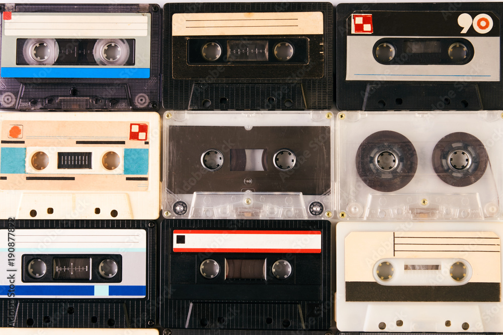 Group of retro audio cassettes