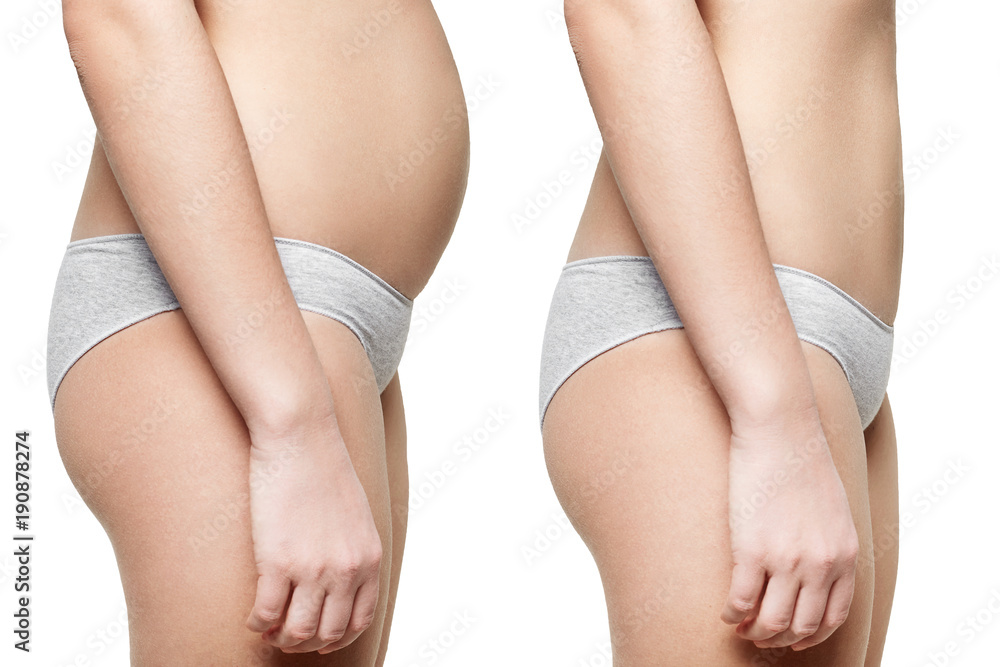 Profile of fat overweight female`s body and slim figure isolated over white background. Before and after concept. Woman demonstrates her figure after diet, shows big contrast. Health and body care