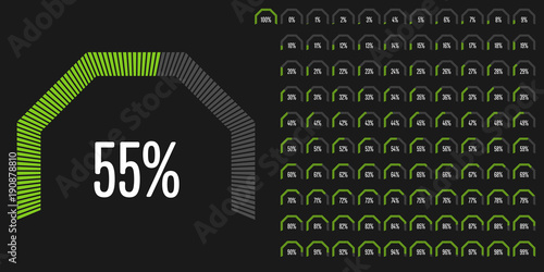 Set of circular sector percentage diagrams from 0 to 100 ready-to-use for web design, user interface (UI) or infographic - indicator with green