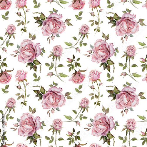 Rose flower on a twig. Seamless floral pattern. Watercolor painting. Hand drawn illustration.