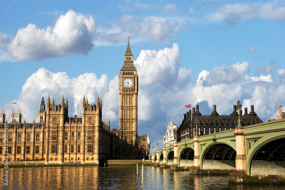 Fototapeta premium UK - Cities - Scene of Big Ben and Palace of Westminster seen from South Bank, Dramatic Sky present in the background.