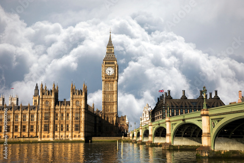 UK - Cities - Scene of Big Ben and Palace of Westminster seen from South Bank, Dramatic Sky present in the background.
