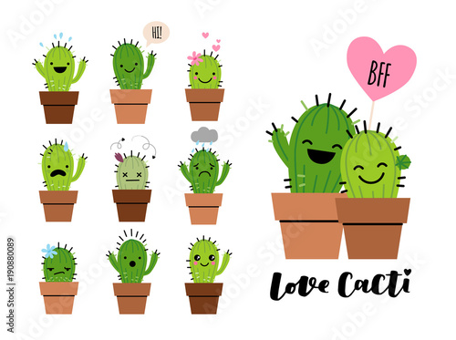 Set of emoji icons with cute cactuses in brown flower pots. Cartoon style emotion stickers or patches or pins on white isolated background.