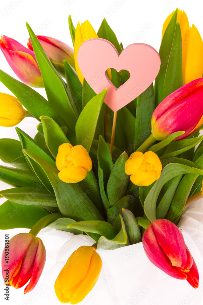 Obraz premium Bouquet of yellow and red fresh spring tulips isolated on white background