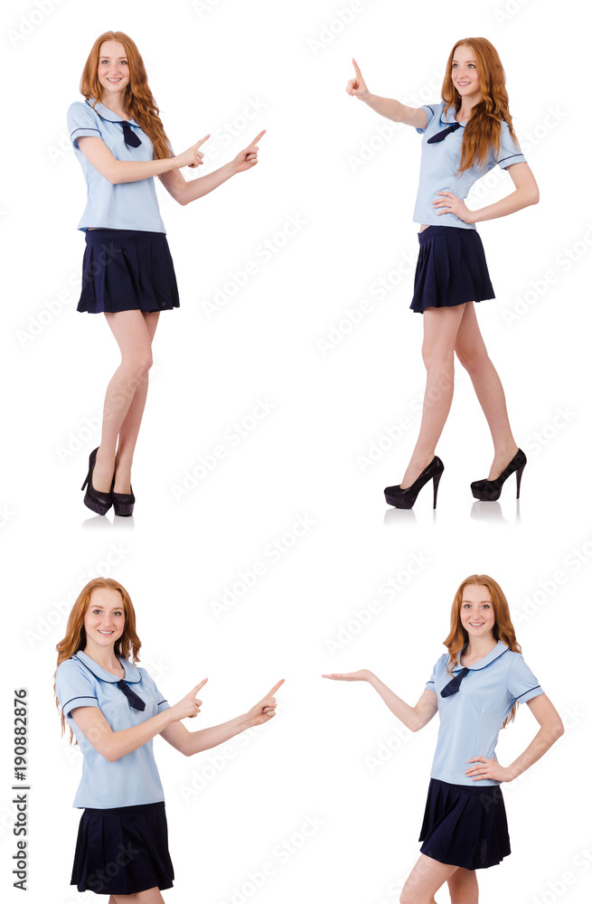 Naklejka premium Young naughty student pressing virtual button isolated on white