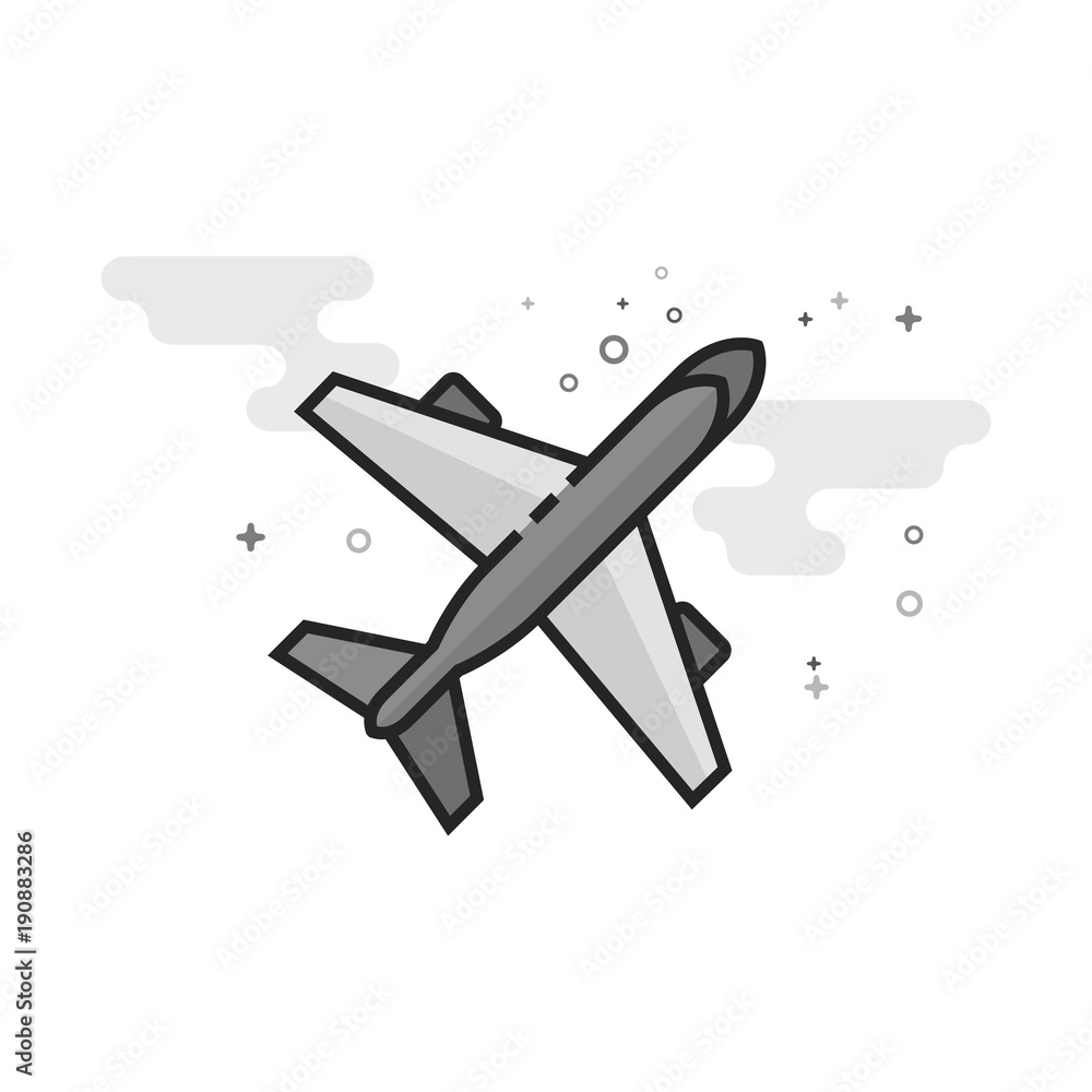 Airplane icon in flat outlined grayscale style. Vector illustration.