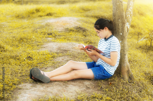 Young girl reading a book in gold meadow contryside nature