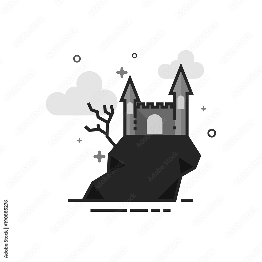 Dark castle icon in flat outlined grayscale style. Vector illustration.