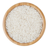 Top view of white long-grain rice in wooden bowl isolated on white background with clipping path
