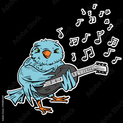 Blauwe vogel speelt gitaar