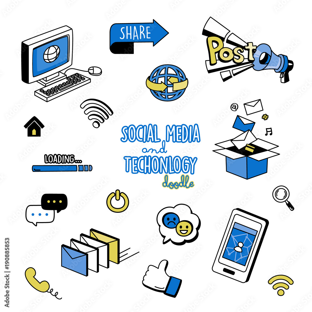 Vector creative illustration of communication with megaphone and tag cloud  on white background. Social media technology concept. Hand draw thin line  art style monochrome design with megaphone for communication and social  media
