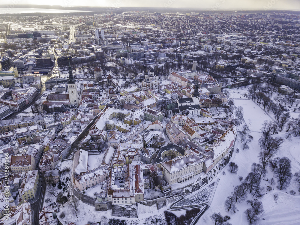 Aerial view of old City Tallinn Estonia in winter day