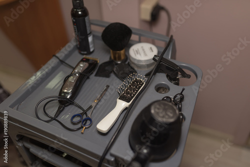 Interior in the beauty salon. Tools for the hairdresser.