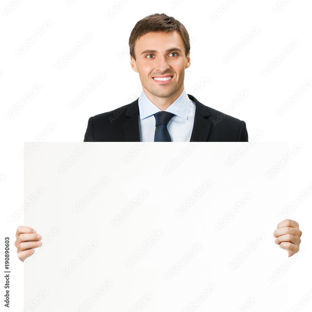 Businessman showing signboard, on white Businessman showing signboard, on white
