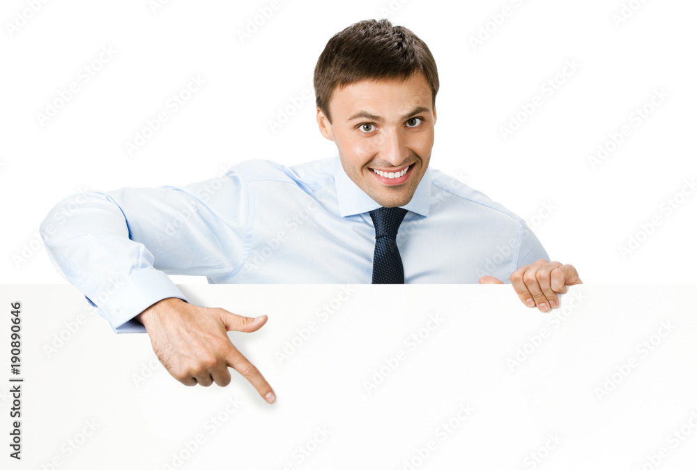 Businessman showing signboard, on white Businessman showing signboard, on white