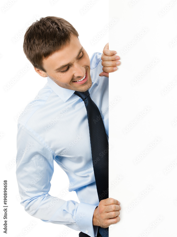 Businessman showing signboard, on white Businessman showing signboard, on white