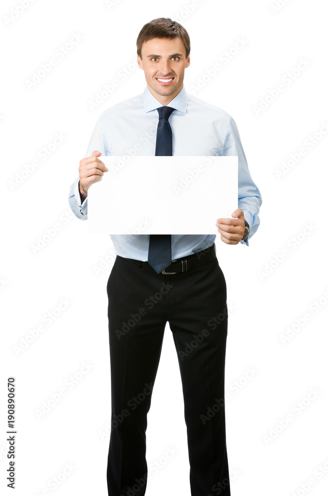 Businessman showing blank signboard, isolated Businessman showing blank signboard, isolated