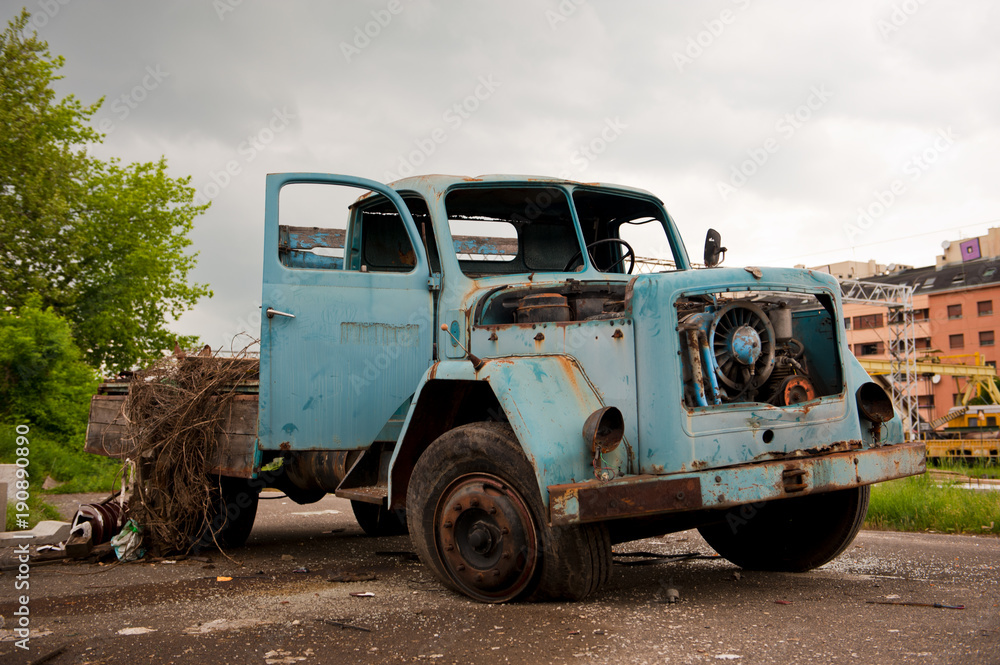 Abandoned old retro blue truck, vehicle