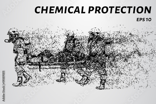 Chemical protection of the particles. Rescuers carry a man on a stretcher.