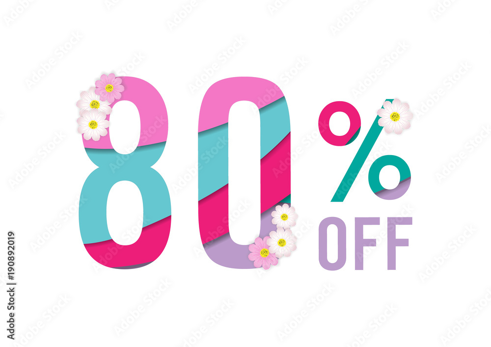 Spring sale colorful paper cut background with beautiful flower,eighty percent off,vector illustration template, banners, Wallpaper, invitation, posters, brochure, voucher discount.