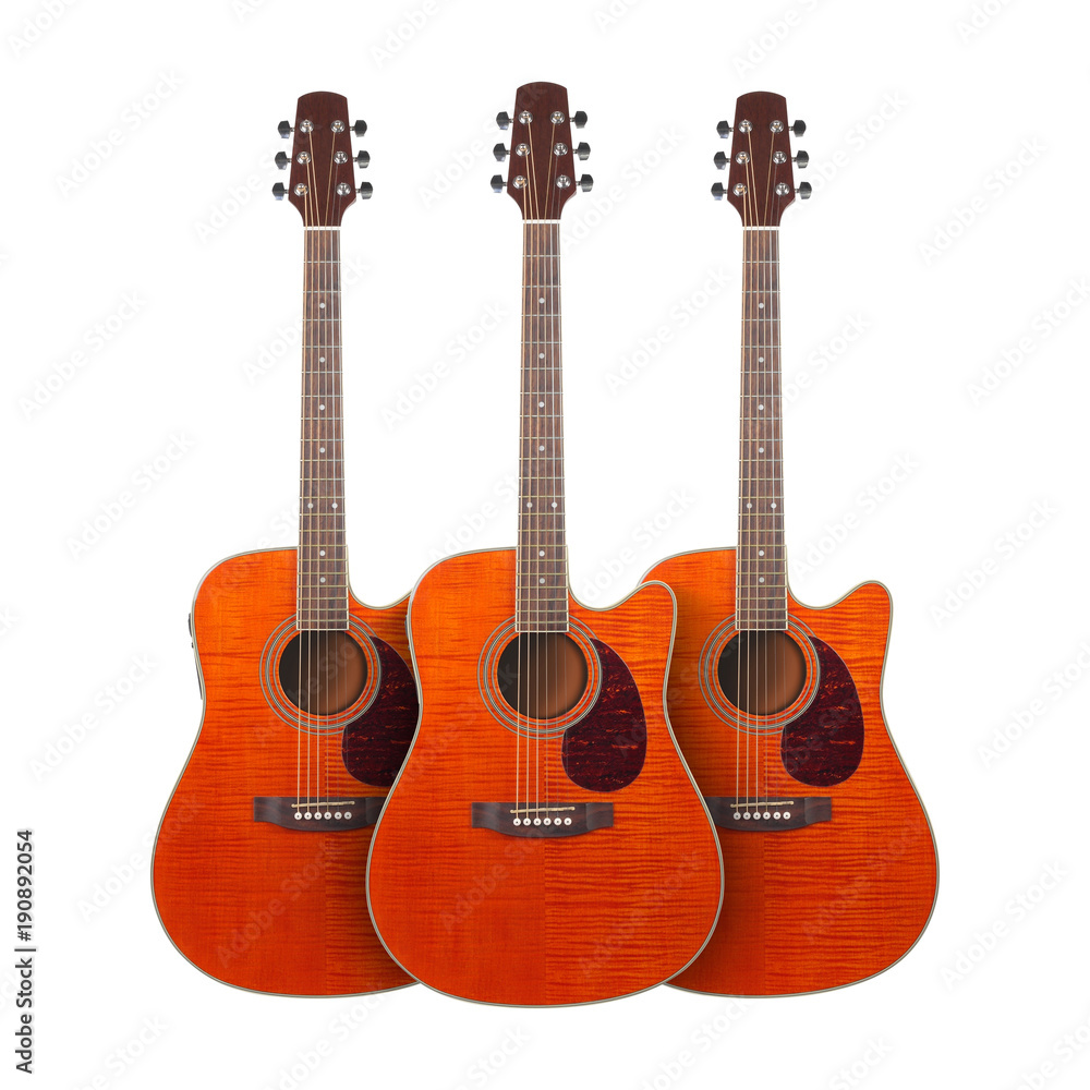 Obraz premium Musical instrument - Three orange Flame maple cutaway acoustic guitar isolated in white