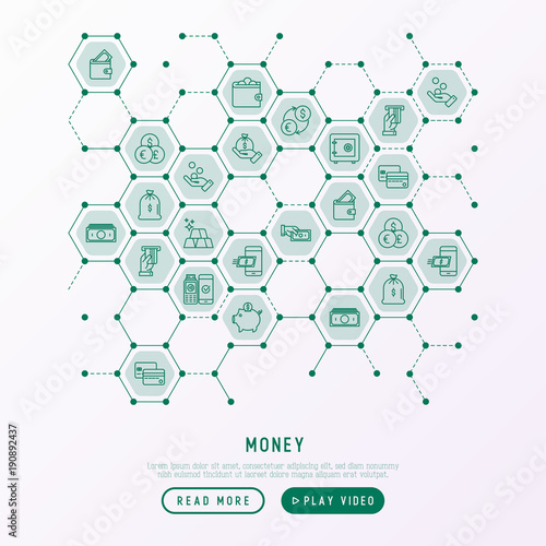 Money concept in honeycombs with thin line icons: cash, credit card, pos terminal, piggy bank, wallet, hand with coins, bag of gold. Modern vector illustration for banner, print media, web page.