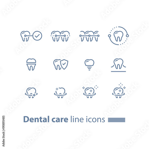 Teeth braces, dental care, stomatology services, cleaning and whitening, implant and crown, protection concept, line icons