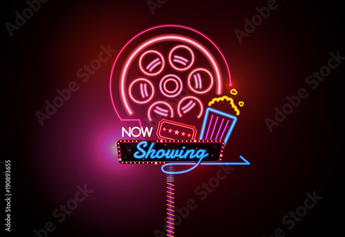 now open glowing neon and bulb sign cinema movie theater vector illustration