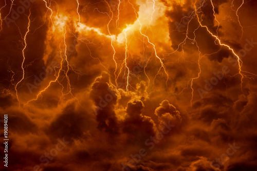 Fototapeta Hell realm, bright lightnings in apocalyptic sky, judgement day, end of world, e