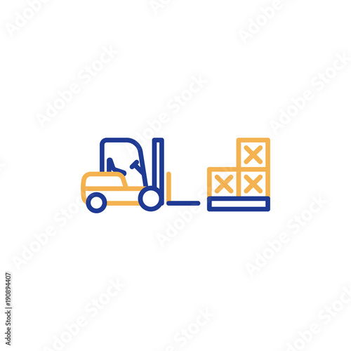 Fork truck with pallet of boxes, cargo load storage service line icon