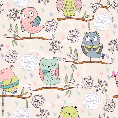 Tapety Wektorowy bezszwowy wzór z sowami i kwiatami