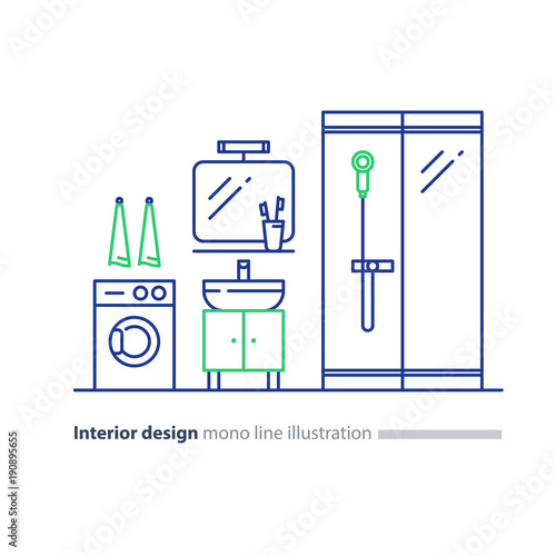 Bathroom design plan, facility items, washing mashine and shower stand