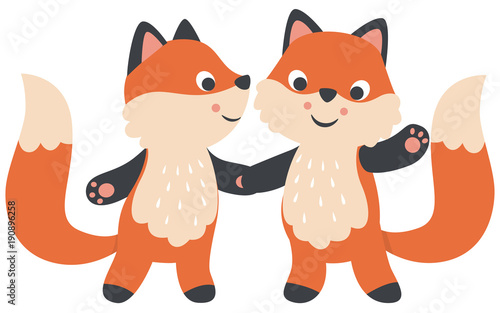 Cute Little Kawaii Style Foxes Couple Holding Hands Valentines Day Flat Vector Illustration Isolated on White