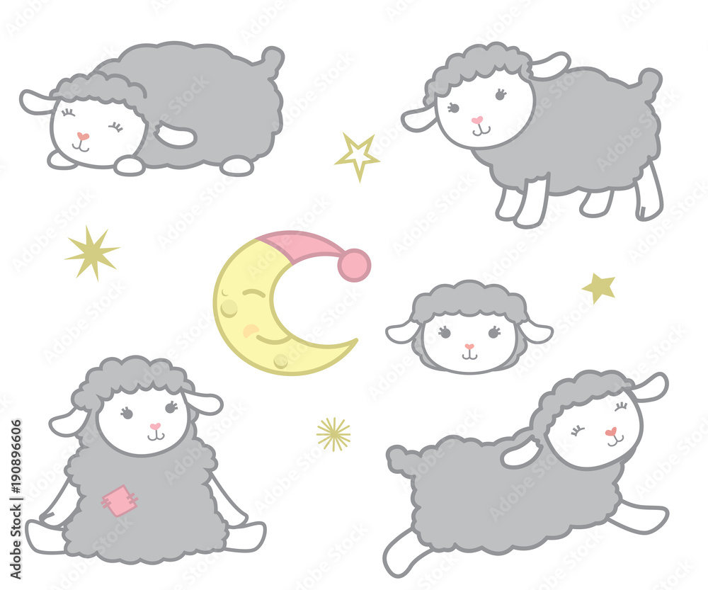 Cute Little Kawaii Style Gray Baby Sheep Design Elements Set Vector Illustration Isolated on White Cute Little Kawaii Style Gray Baby Sheep Design Elements Set Vector Illustration Isolated on White