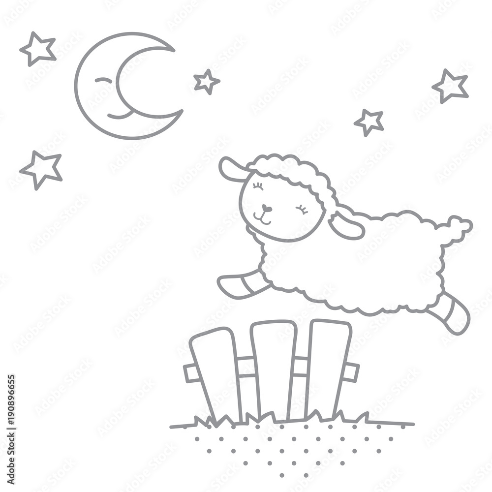 Cute Little Kawaii Style Baby Sheep Jumping over PIcket Fence Night ...