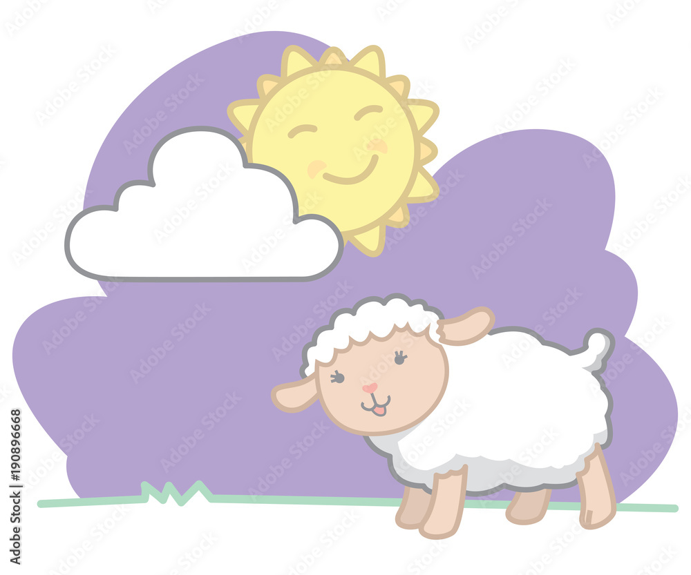 Cute Little Kawaii Style Baby Sheep with Sun and Cloud Nature Scene Pastel Colors Isolated on White Cute Little Kawaii Style Baby Sheep with Sun and Cloud Nature Scene Pastel Colors Isolated on White