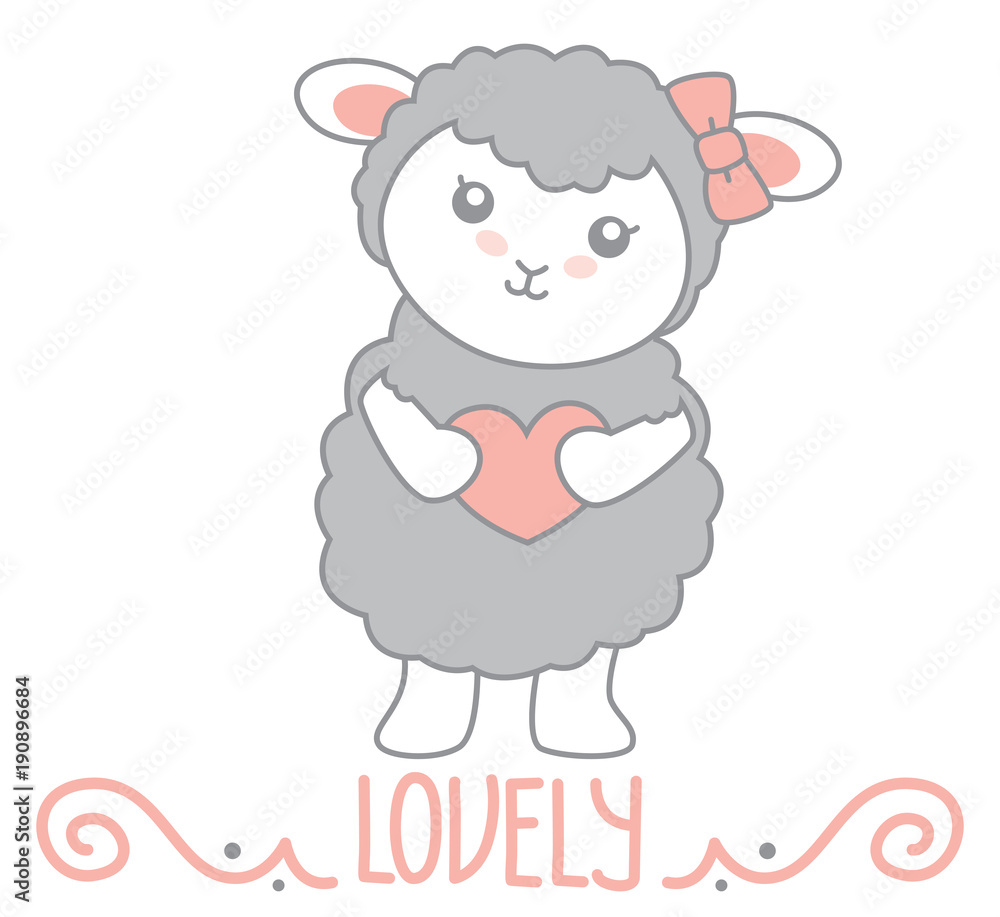 Fototapeta premium Lovely Little Kawaii Style Gray Sheep Standing and Holding Heart with Swirl Decoration and Lovely Text Vector Illustration Isolated on White