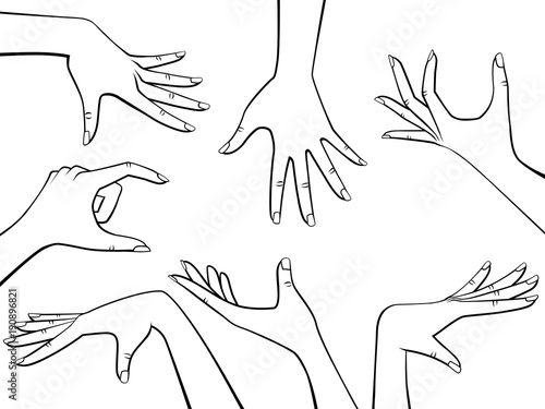 Vector Design Elements Set of Beautiful Woman Hands Black Outline Isolated on White