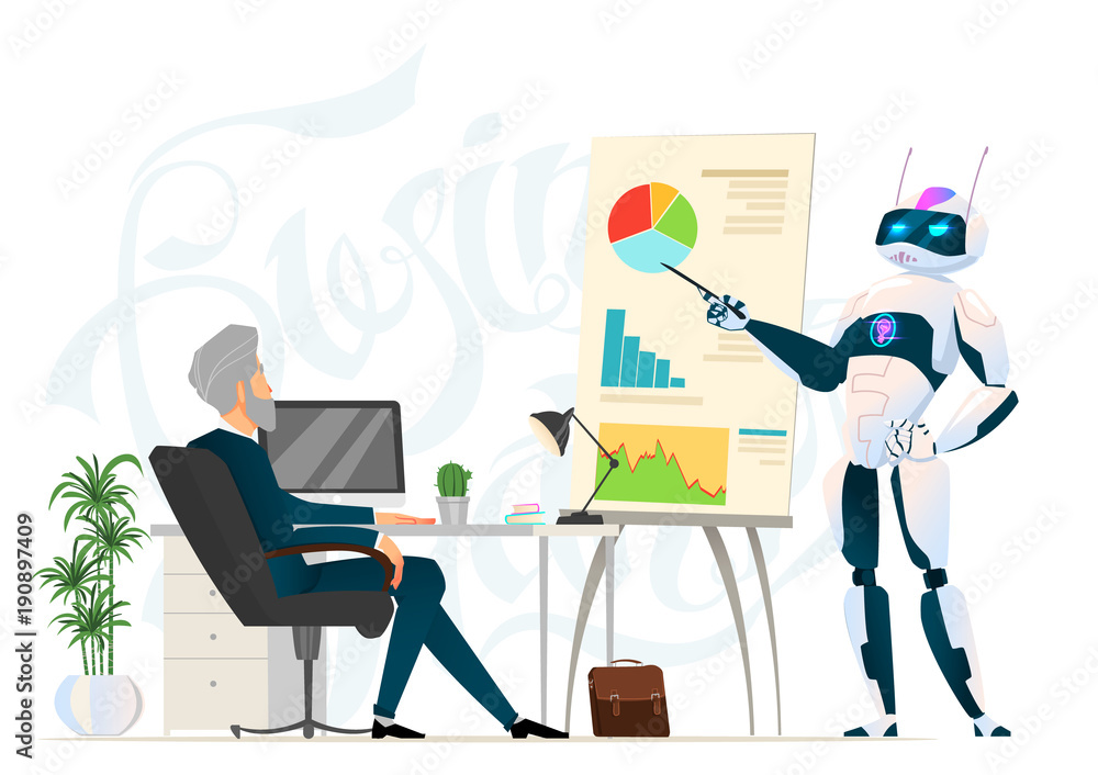 Fototapeta premium Business characters in different situation. Teamwork with robot. Cyber man in office life. Business process. Robot presenation in office