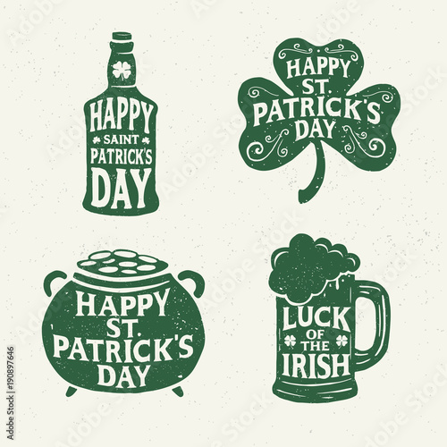 St. Patrick's Day. Retro Style. Set Emblems: leaf clover, pint beer, leaf clover, bottle of beer. Typography. Vector illustration.