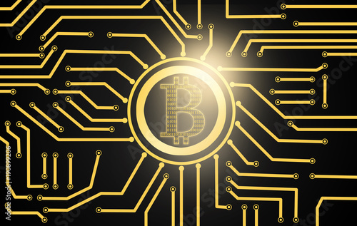 binary data over golden bitcoin currency over electric circuit