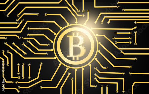 Golden bitcoin currency over electric circuit