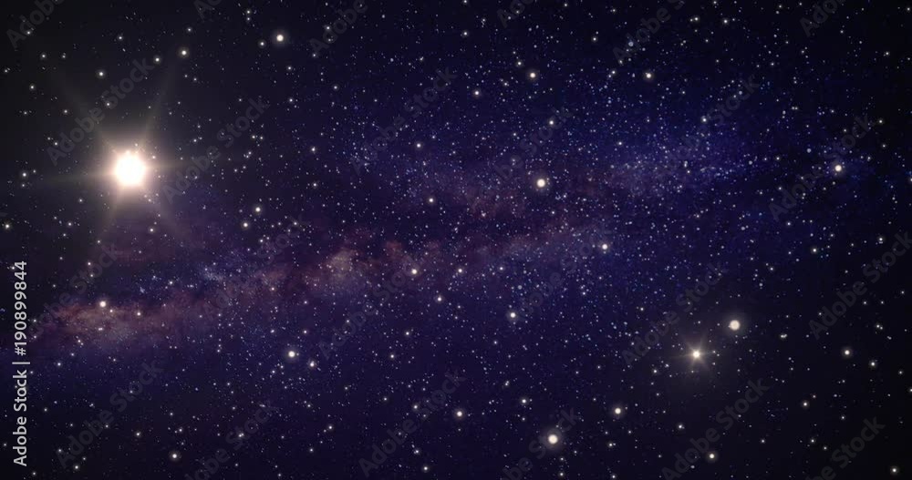 A slow animated background traveling through open space. Stars flow past camera, with a two bright suns and the center of the galaxy in the distance.	