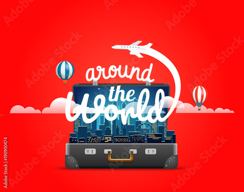 Around the world concept. Modern cityscape