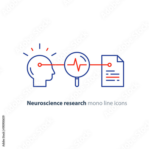 Neuroscience and psychology concept logo, science research, paper document and pencil