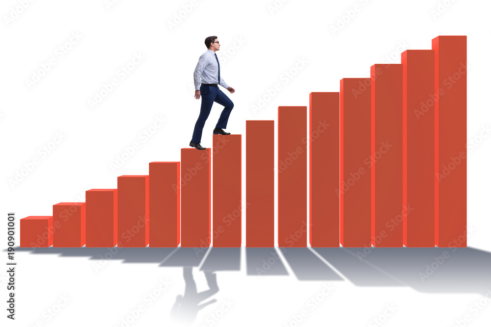 Businessman going up the bar chart in growth concept Businessman going up the bar chart in growth concept