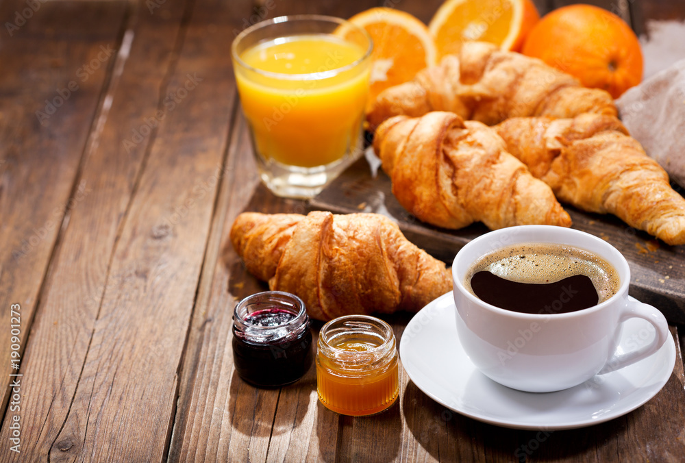 breakfast with cup of coffee and croissants - obrazy, fototapety, plakaty 